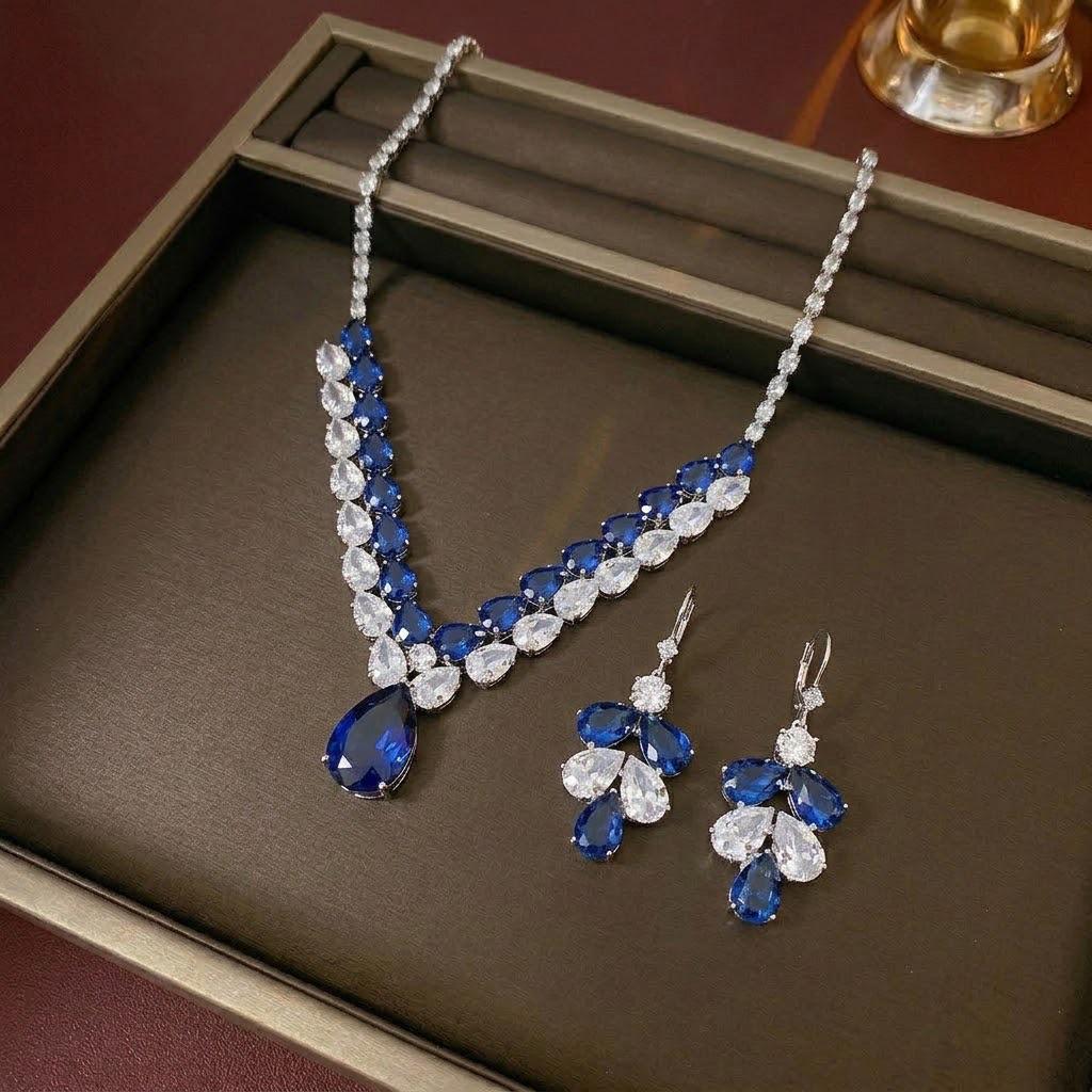 European Style Zircon Blue Teardrop Necklace & Earrings Set