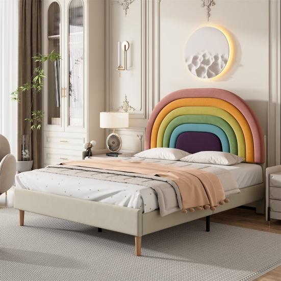 Teen Bed with Height-Adjustable Rainbow Headboard Ergonomic Design Strong Load Bearing Easy To Assemble Youth Bed Home Furniture