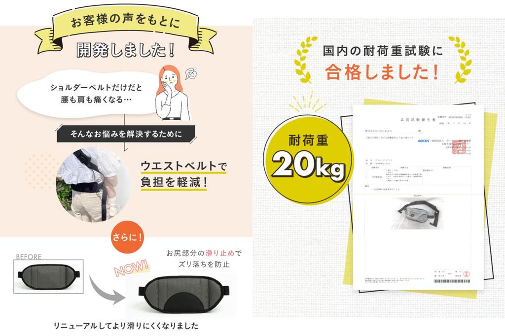 Belt Waist Supports at 2 points to reduce the burden Hip seat Shoulder bag specification Load capacity 20kg Large capacity storage Compact Double