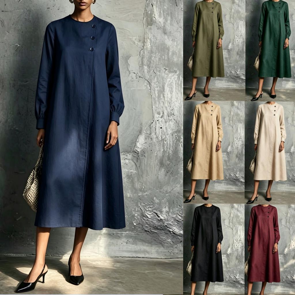 European and American autumn and winter temperament dress women, round neck button decorative zipper long sleeve loose dress
