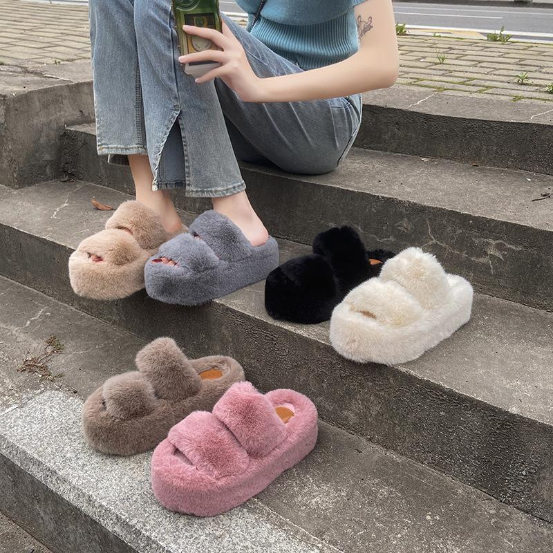 Cm Fluffy Shoes Women Wear  Internet Celebrity Explosion Autumn and Winter Go Out Thick-soled Plush Cotton Slippers