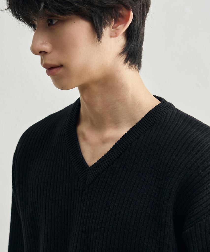 ROTEMBER Ribbed V-Neck Crop Knit [Black]