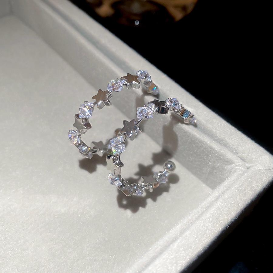 Silver Needle Cubic Zirconia Star C-Shaped Stud Earrings - Sweet & Cool Style, High-End Retro Feel
