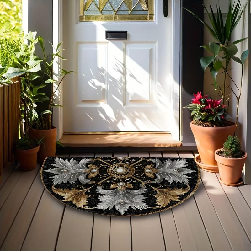 1Pcs Gold Silver Floral Semi Circle Welcome Doormat Non-Slip for Outdoor Patio Porch Kitchen Bathroom Entryway Floor Mat