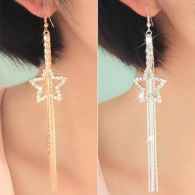 Women's Rhinestone Pentacle Star Drop Long Tassels Chain Hook Dangle Linear Earrings