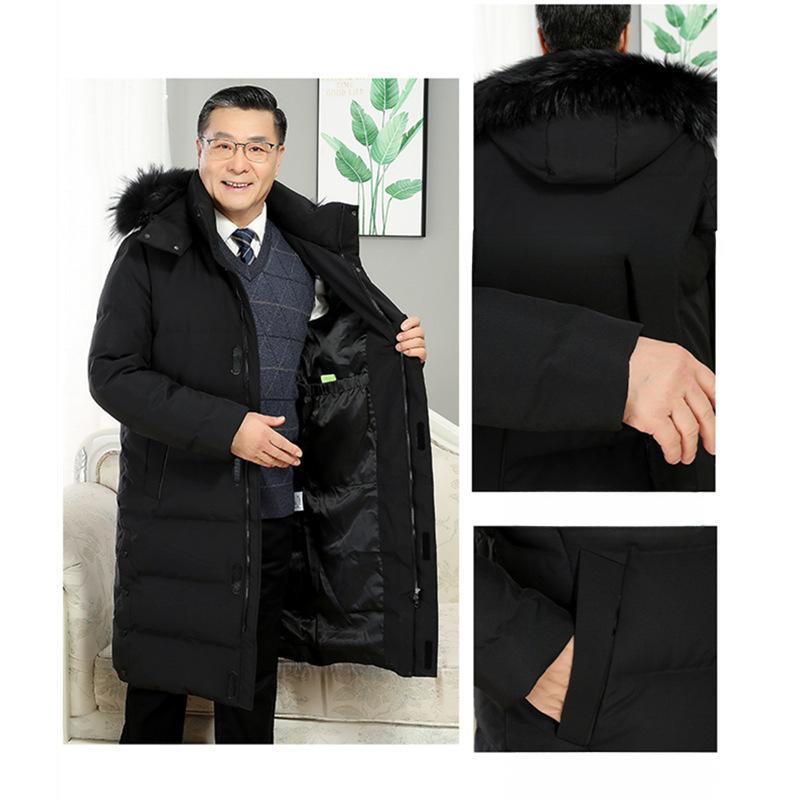 Dad Winter Clothing Middle-aged and Elderly Down Jackets for Men Over The Knee Long Thickened Cold-proof Big Fur Collar Pie To Overcome White