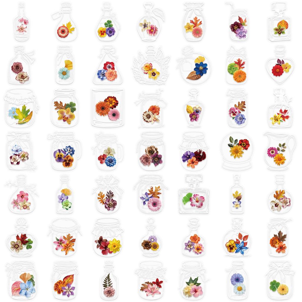 50 Adesivi Floreali Secchi Trasparenti a Cartoni Animati in Bottiglia Impermeabili PET Trasparente Materiale Manuale Decorativi per Chitarra Quaderno