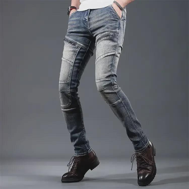 2024, primăvara europeană, blugi de motocicletă pentru bărbați, personalizați de gamă înaltă: Stil la modă frumos slim fit
