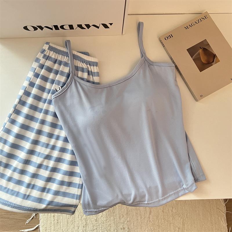 Cute Korean Style Women's Short-Sleeved Camisole Pajama Set with Chest Pads, Imitation Cotton