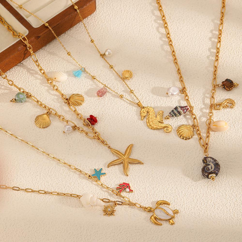 Ocean Style Starfish Shell Stainless Steel Necklace For Women With Geometric Design