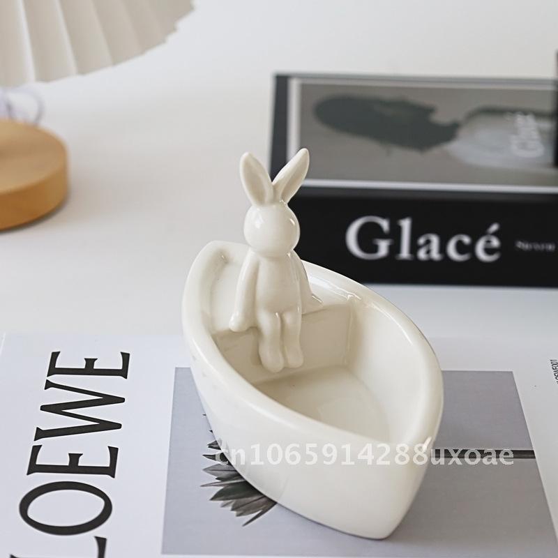 Creative Boat-shaped Ceramic Cartoon Rabbit Candle Holder Aromatherapy Powder Decorative Simple Bunny Ornaments