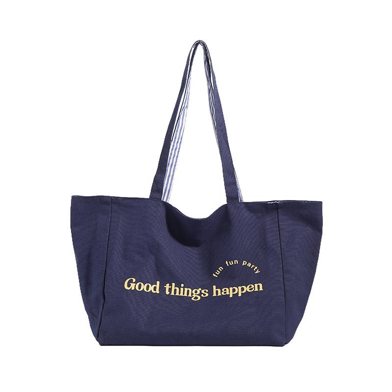 

Сумка-тоут большой вместимости Двусторонняя сумка на плечо в полоску с задней стороны Холщовая сумка с алфавитом Женская синий