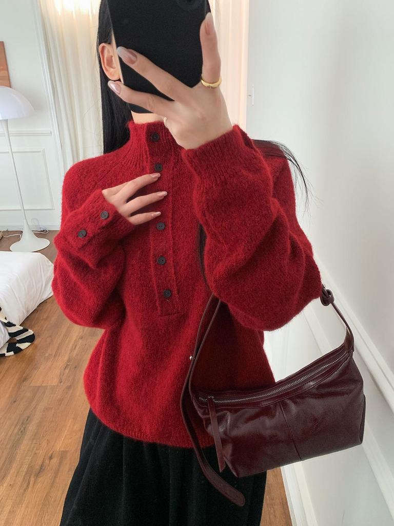 Cor24 Women's Red Baby Alpaca Wool Pullover - Soft, Warm, Long-Sleeved Half-Collar Sweater for Autumn & Winter