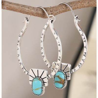 Vintage Ethnic Style Copper Color Metal Geometry Round Square Blue Stone Dangle Earrings for Women Jewelry