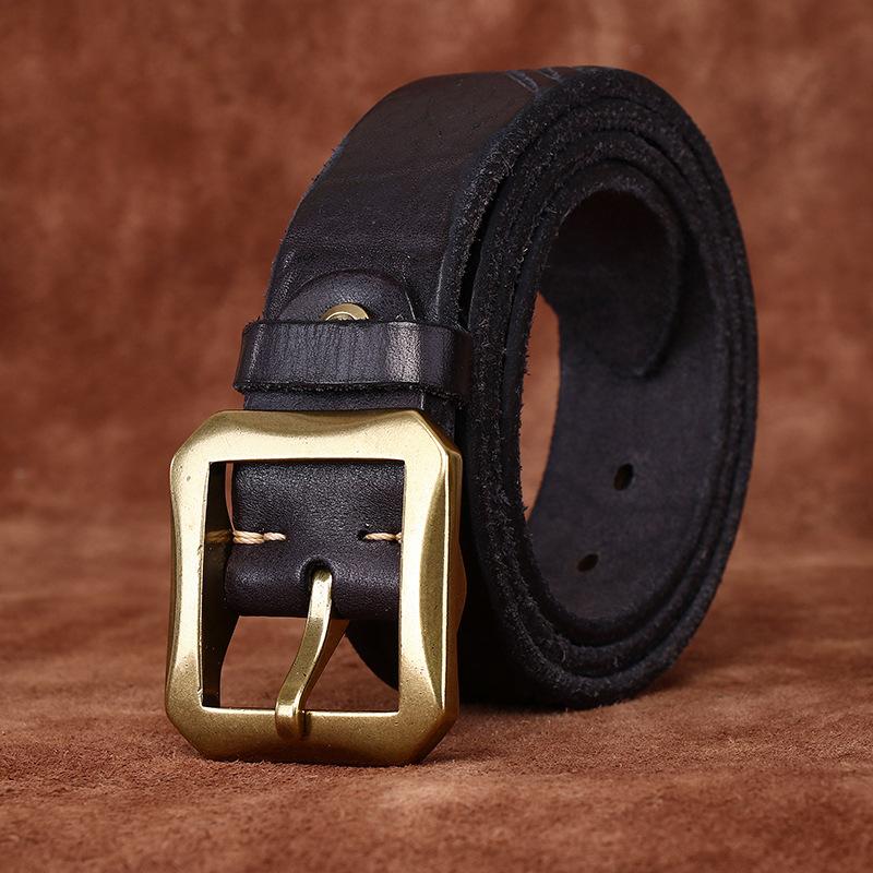 Belt Men's Vintage Heavy-Duty Washed Distressed Vegetable Tanned Full-Grain Leather Cowhide Leather Brass Buckle Trendy Unique Niche Belt