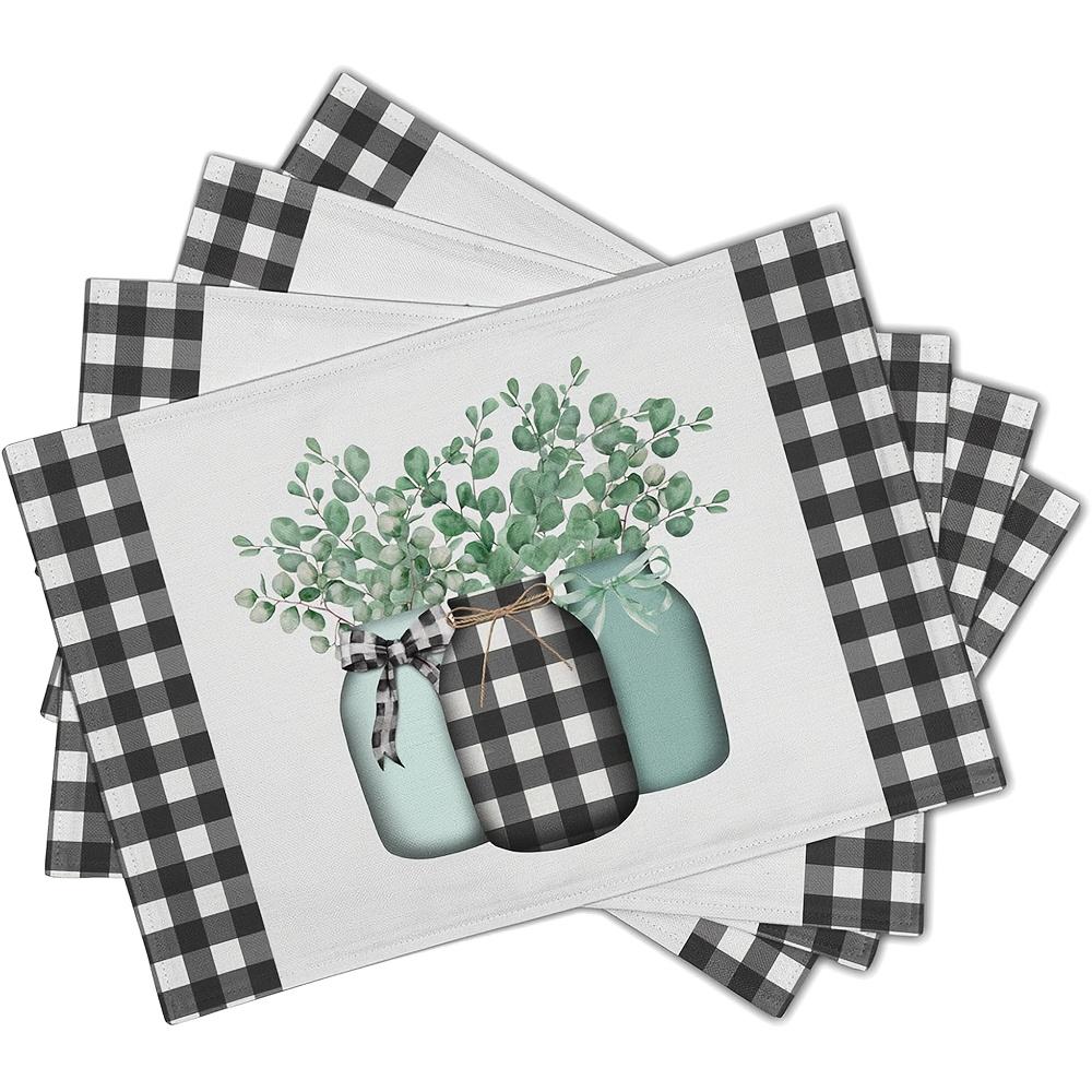4pcs Spring Leaf Placemats 12×18 Inches Set of 4 Eucalyptus Leaf Black White Buffalo Check Seasonal Indoor Kitchen Dining Table