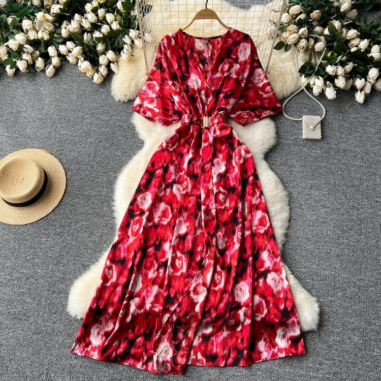 Vintage Elegant V Neck Split Print Short Sleeve Dress Chic Slim A Line Vestidos Summer Vacation Party Women Fashion Dresses