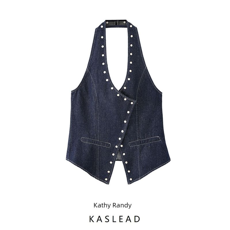 Kaslead New Women Clothes Western Style Fashion Simple Rivet Decoration Backless Denim Hanging Neck Top