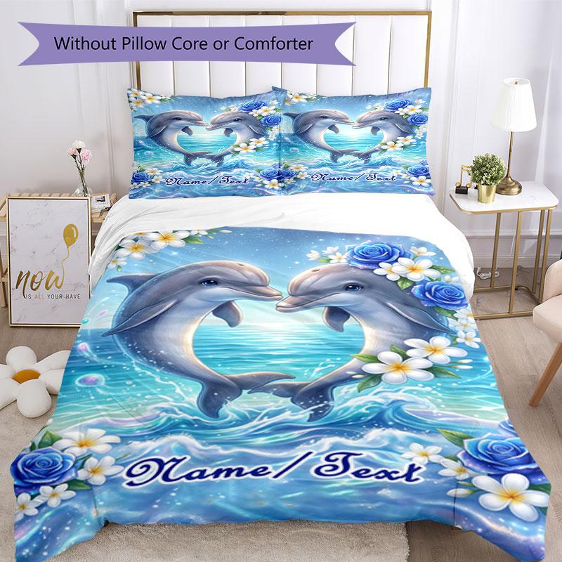 3PC Custom Name Dolphins Heart Shape Bedding Set Printed  Bedding Set Duvet Cover Closure Includes 1 Duvet Cover & 49 Pillowcases for Bedroom