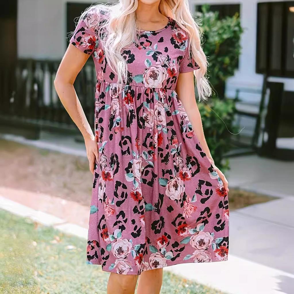 Women's Short-sleeved Round Neck Printed Knee-length Dress