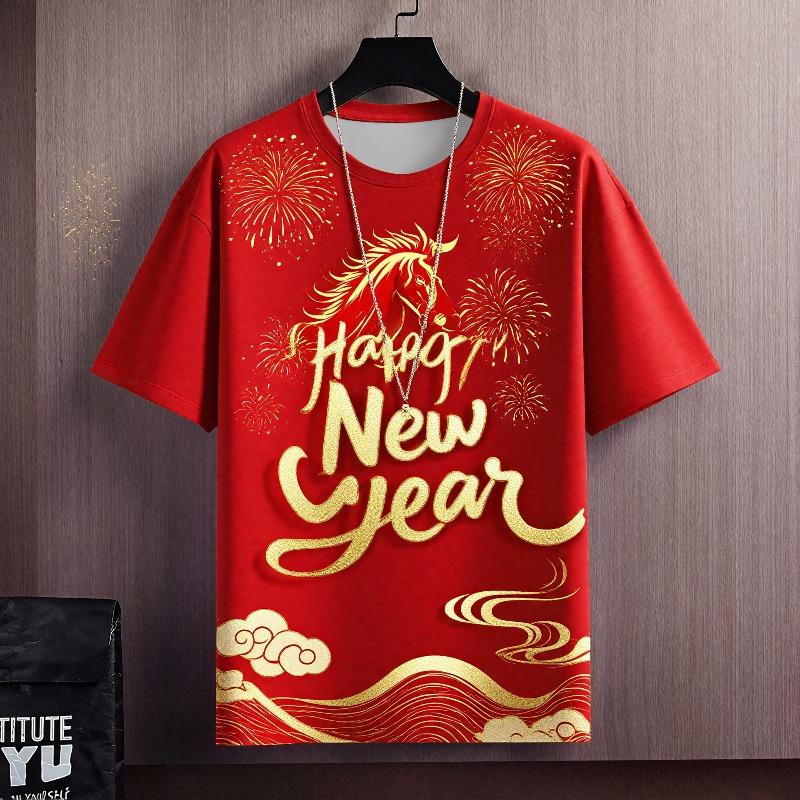 Men's T-shirt Simple Loose O Neck Horse Year Red Interesting Pattern Summer Fashion Casual Versatile Loose 3d T-shirts