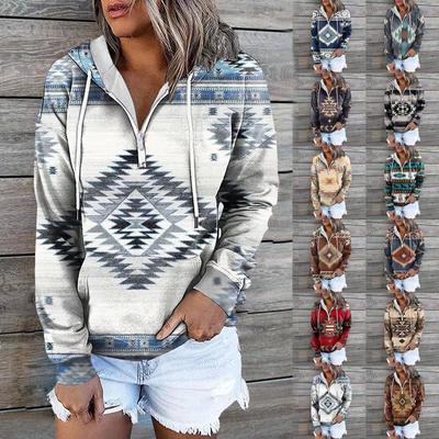 Damen Kapuzenpullover Übergröße Azteken Ethno Print Sweatshirt Langarm Kordelzug Pullover Bluse Top