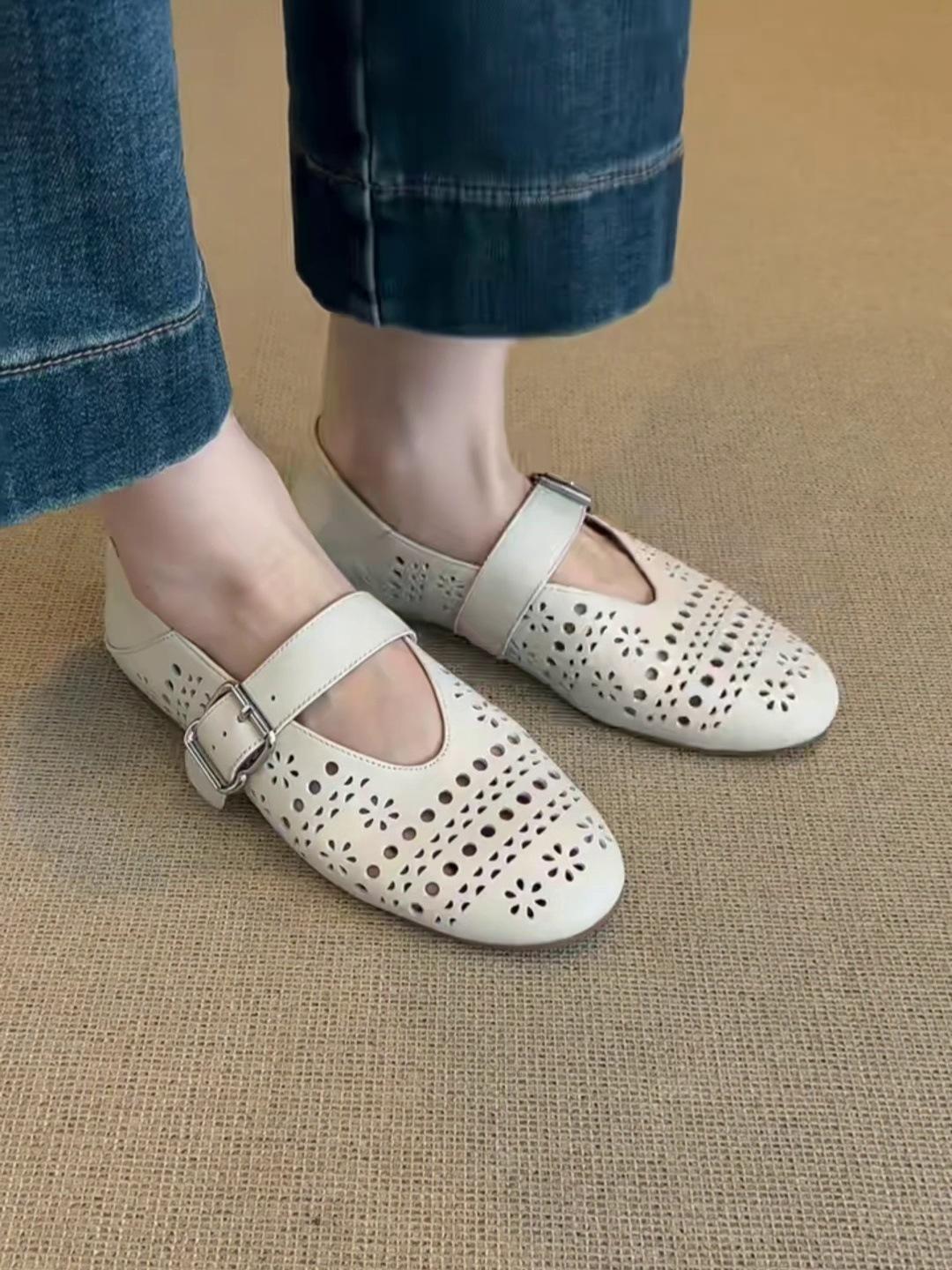 

Luo Fansen s ultra-soft soft leather hollowed-out word with Mary Jane shoes flat-bottomed breathable shallow mouth retro ballet shoes 35