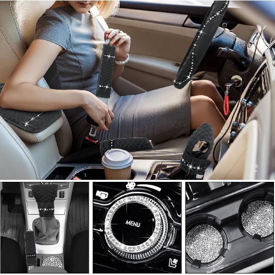 Sinmoe 10 Pcs Bling Car Accessories Set For Women Rhinestones Leather Accessories Steering Wheel Cover Armrest Gear Shift And Seat Belt And Handbrake