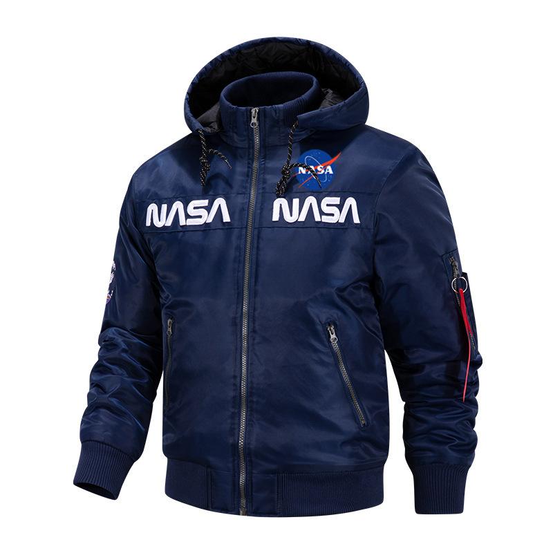 Men's Winter Hooded Padded Bomber Jacket Embroidered Quilted Flight Coat Loose Fit Casual Streetwear