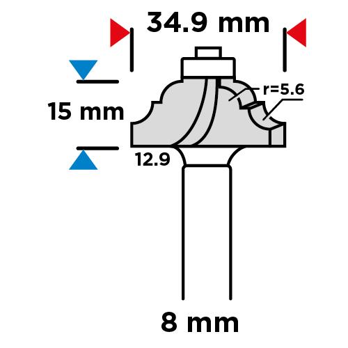 Shaped cutter with bearing, decorative, HM, 34.9 x 15 mm, 8 mm shank