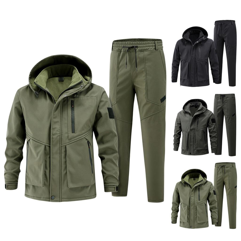 Men's Outdoor Jacket Suit Men's Plus Velvet Cold Proof Windproof Waterproof Warm Cycling Mountaineering Suit Outdoor Suit