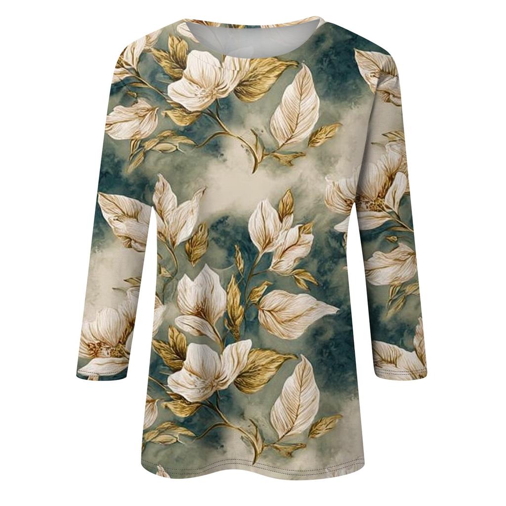 Women's Fashion Casual Round Neck Three Quarter Sleeve Printed T-Shirt Top