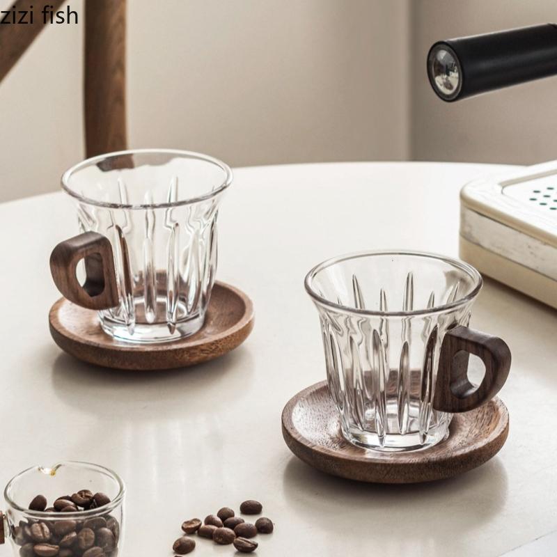 Glass Coffee Cup and Dish Set Wooden Handle Water Cups Wooden Dessert Plate Insulated Breakfast Cup Milk Tea Cups Milk Mug