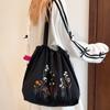 Thickened~ Vintage Nylon Tote Bag Large Capacity Embroidered Shoulder Bundle Mouth Bag Student Class Commuter Bag