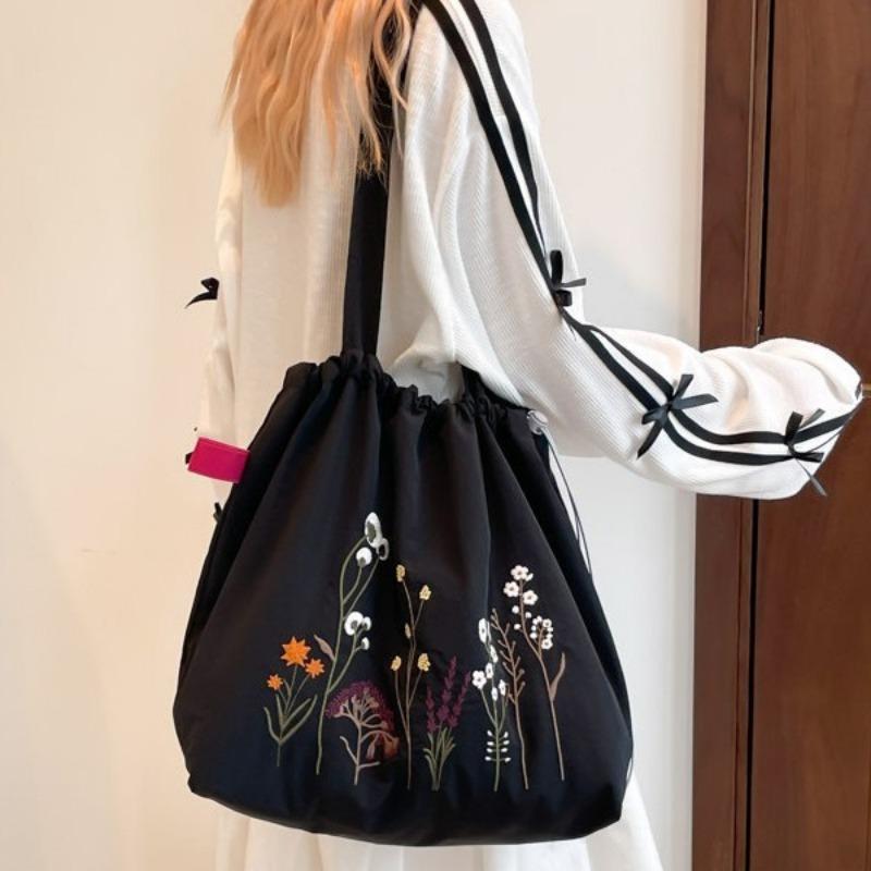 Thickened~ Vintage Nylon Tote Bag Large Capacity Embroidered Shoulder Bundle Mouth Bag Student Class Commuter Bag