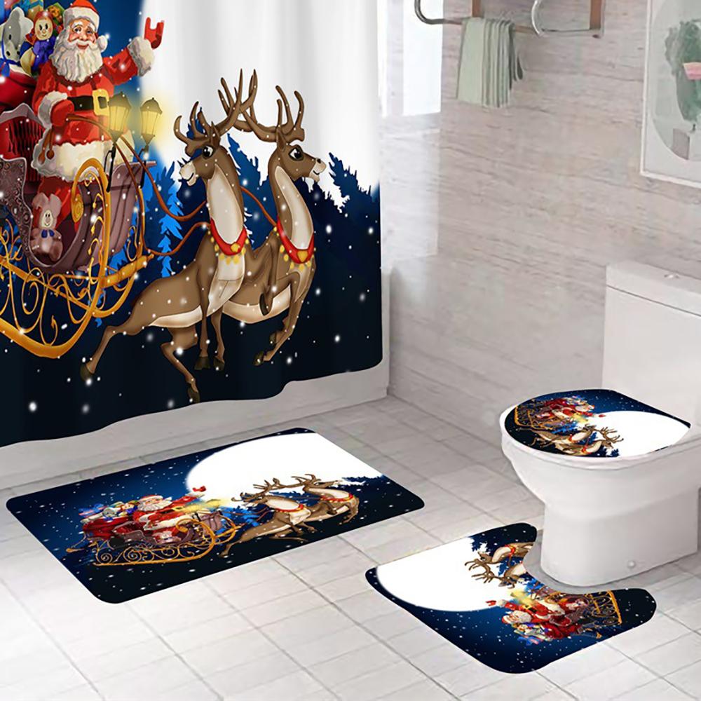 3X Christmas Bathroom Rug Set Non-Slip Bath Mat Toilet Lid Cover Christmas Decor