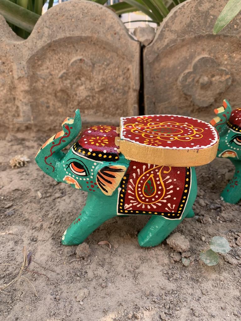 Hand Painted Wooden Elephant Stool Pair, Indian Folk Art Decorative Table