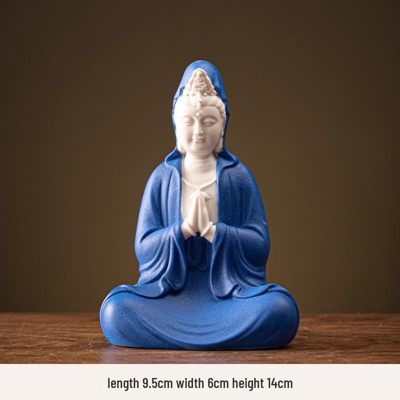 Ceramic Seated Guanyin On Lotus with Light Ring and Anjali Mudra for Home Decor