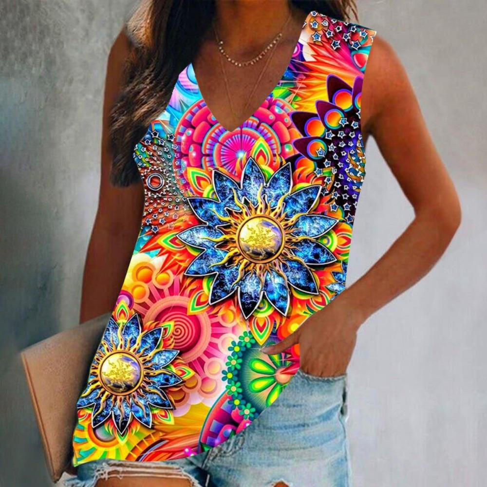Summer Vintage Pattern 3D Print Tank Tops Women Streetwear Oversized V-Neck Vest Off Shoulder Sleeveless Woman Camisole