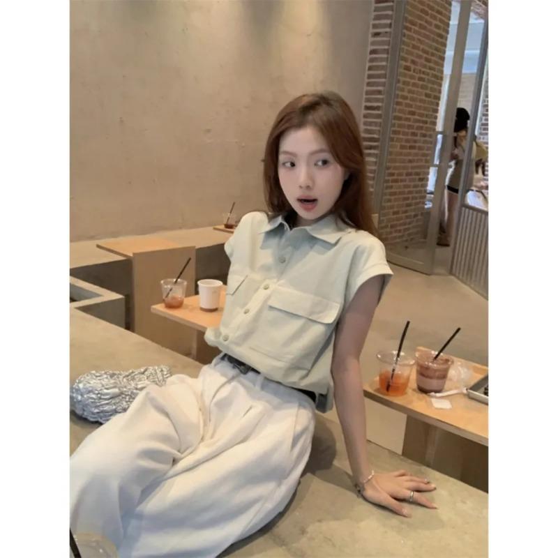 Women's Short-Sleeve Shirt Oversized Casual Button-Down Blouse