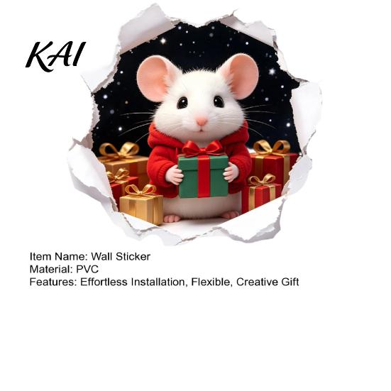 Creative Christmas Gifts for Friends 3D Hole Illusion Mouse Wall Sticker, Peel And Stick Waterproof PVC Self Adhesive Art Decal Window Glass, Festive