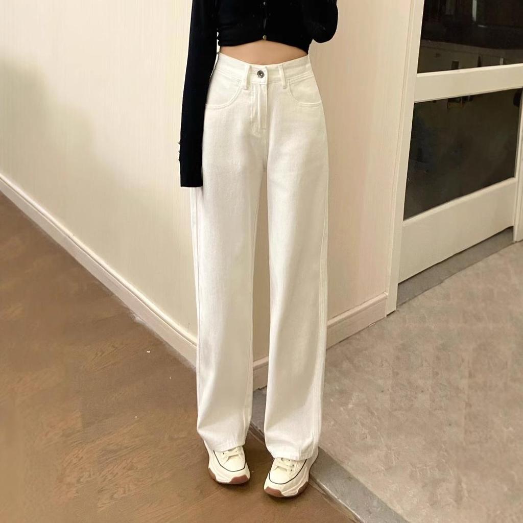 White High-Waist Wide-Leg Jeans for Women - Spring/Summer Loose Fit, Slimming Straight-Leg, Floor-Length Pants