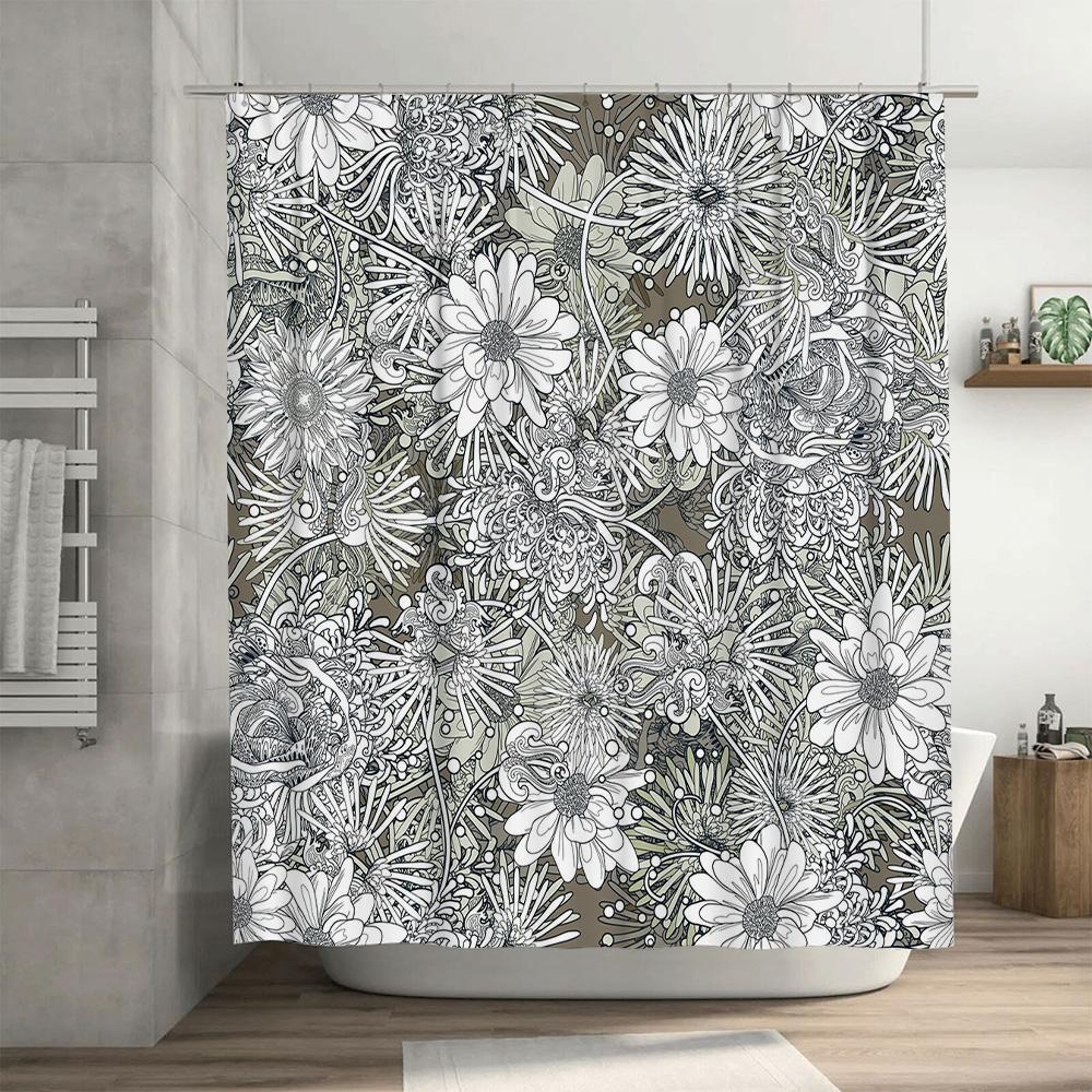 Modern Floral Shower Curtain Set Black White Abstract Design For Bathroom Decor Bath Tub Coverings Decoration Accessories Home I