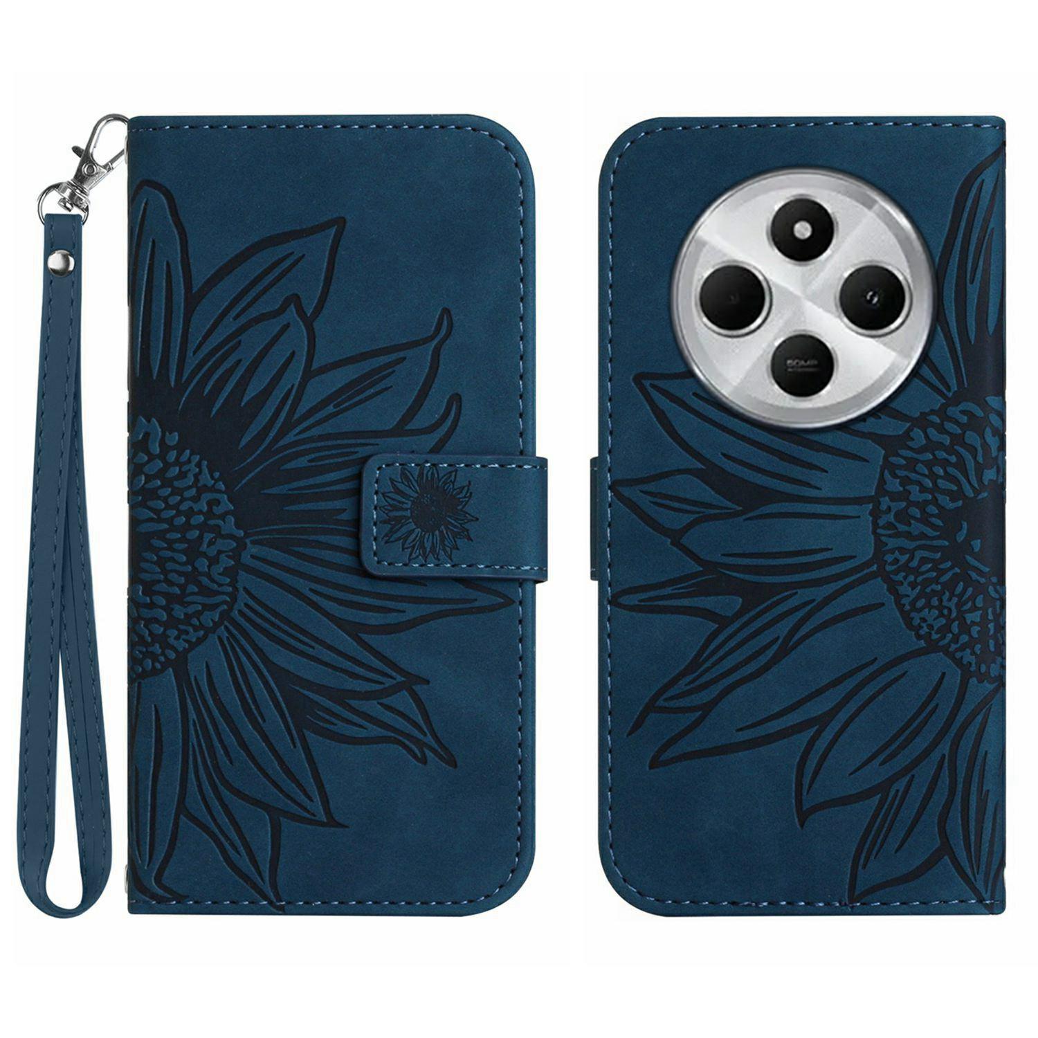 

HT04 For Xiaomi Poco C75 4G/Redmi 14R 5G/14C 4G Case Sunflower Imprint Leather Wallet Phone Cover with Wrist Strap Dark Blue