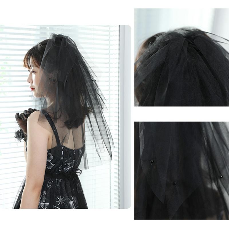 2 Layers Wedding Bridal Veil with Comb Beads Adornment Simple Cut Edge Short Shoulder Length Tulle Sheer Black Veils