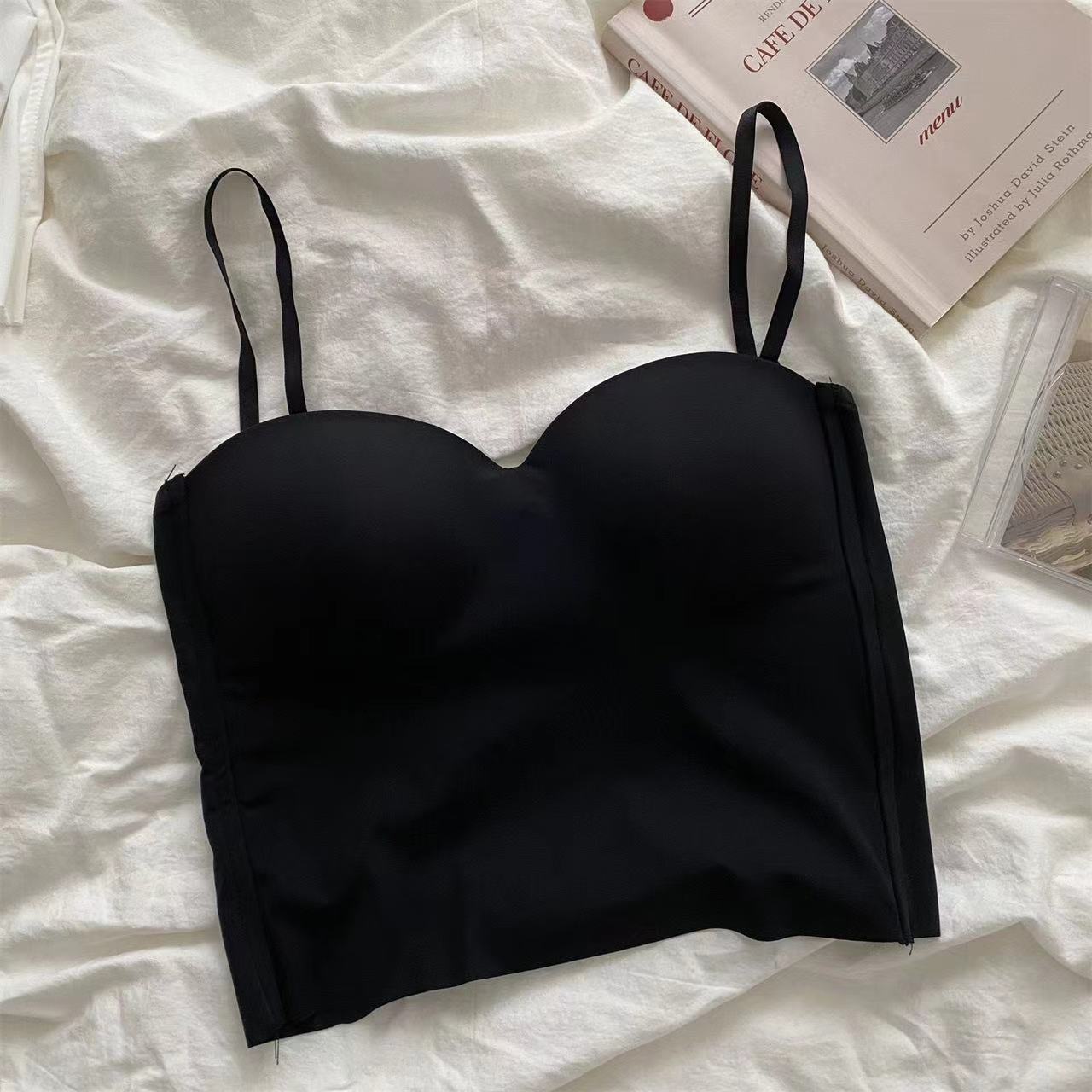 

Tube top women s suspender underwear integrated vest outer wear gathering beautiful back seamless ice silk fixed chest pad One size fits all чёрный