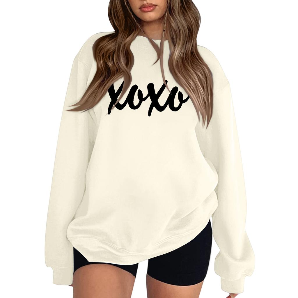 Women's Fashion Round Neck Long Sleeve Solid Color Letter Top Sweatshirt