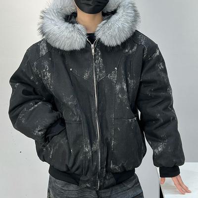 Jaqueta de Algodão com Gola de Pele Bordada com Águia e Tie-dye Inverno Design Masculino Jaqueta Outdoor Grossa e Confortável