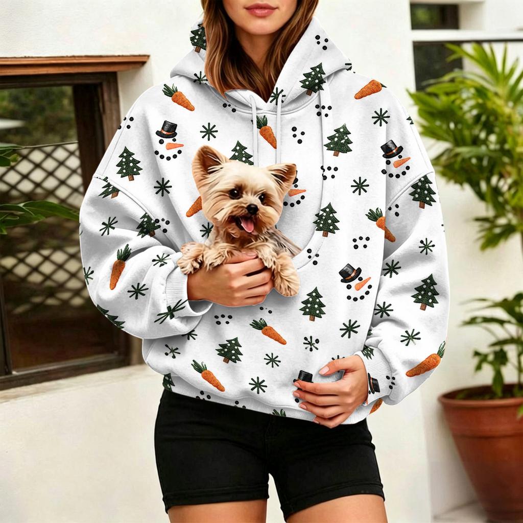 Women's Fashion Christmas Print Hooded Sweatshirt with Large Pet Pocket for Holiday