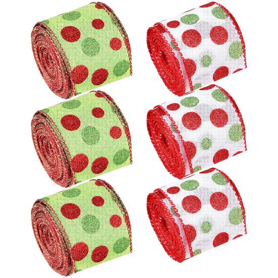 

6 Rolls Christmas Green Red Dot Ribbons, Decorative Wide Ribbons Rolls DIY Craft Fabric, Wire Edge Ribbons for Christmas Holiday Decoration (2.5 Inch 6pcs